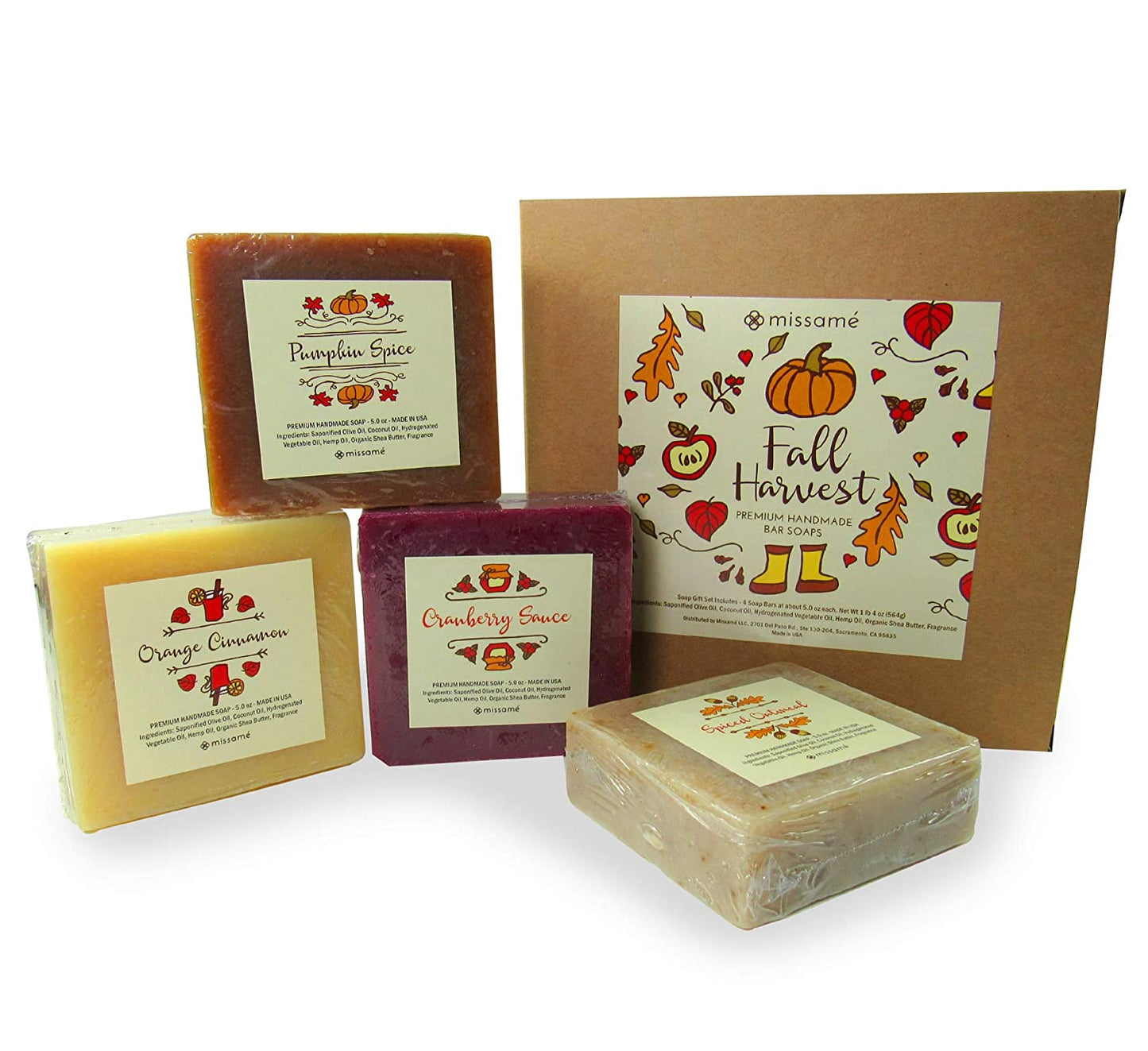 Pumpkin Spice, Cranberry, Oatmeal and Orange Cinnamon Scented Handmade Bar Soap Gift Set, 4 Full Sized Bars 5.0 oz Each, Saponified Olive Oil Base