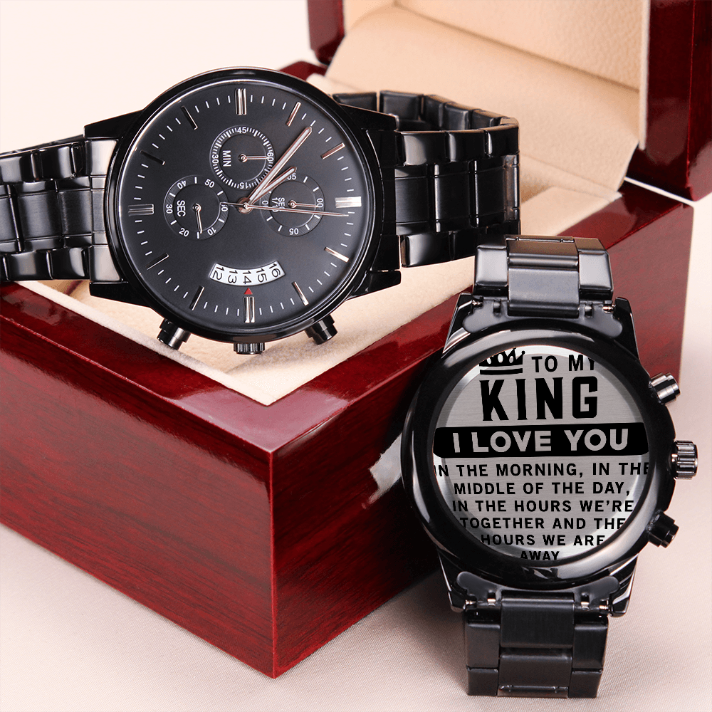 To My King - I Love You Engraved Black Chronograph Watch For Boyfriend or Husband