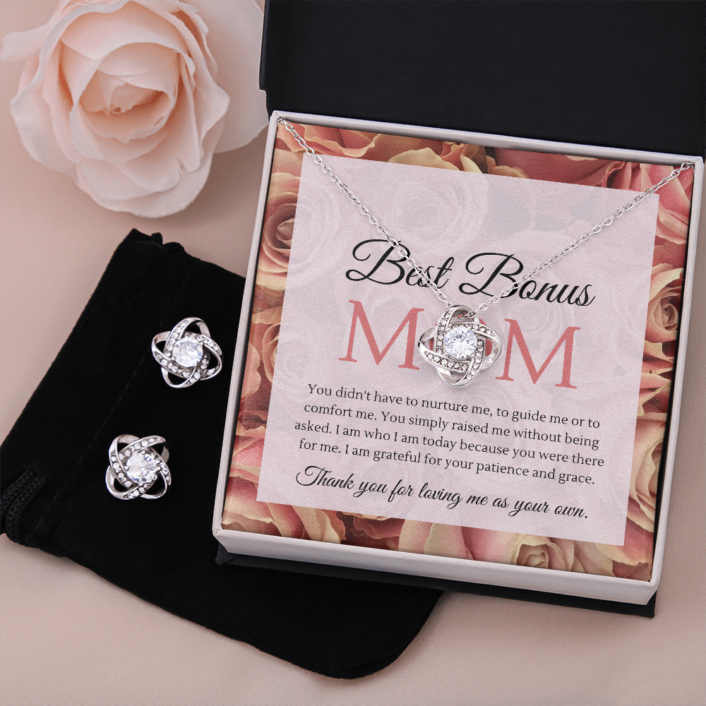 Mother's Day Gift Set To The Best Bonus Mom Love Knot Pendant Necklace and Earrings Set