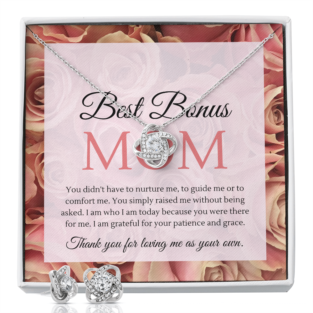 Mother's Day Gift Set To The Best Bonus Mom Love Knot Pendant Necklace and Earrings Set