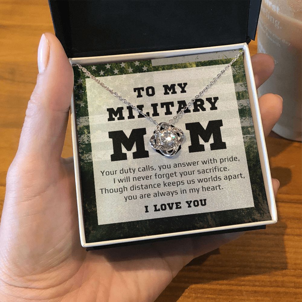 To Military Mom Gift From Daughter or Son, Love Knot Pendant Necklace For Mother's Day, Birthday or Christmas, Deployed Mom
