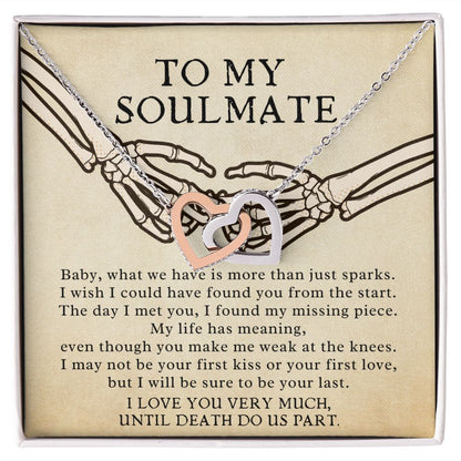 To My Soulmate Skeleton Holding Hands Double Heart Pendant Necklace
