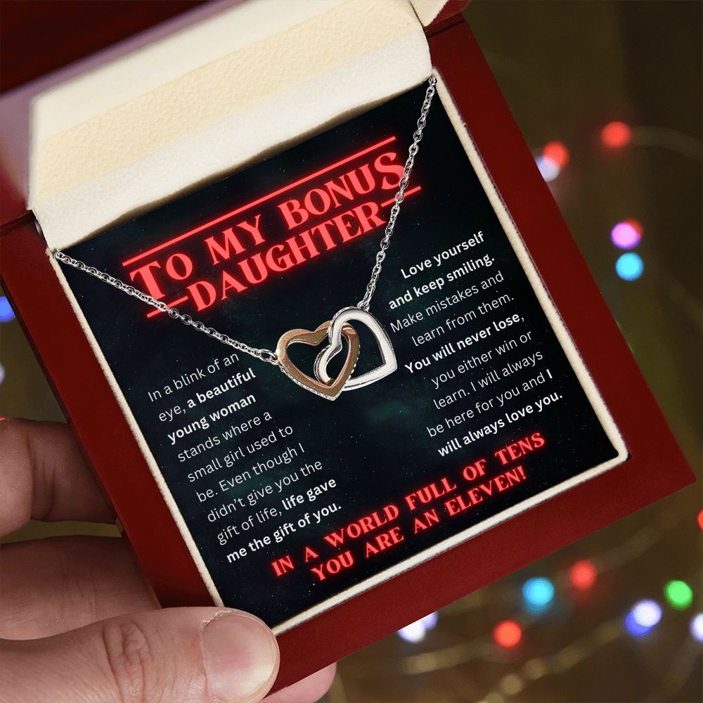 Life Gave Me the Gift of You To Bonus Daughter Gift For Her Stranger Things Inspired Interlocking Heart Necklace