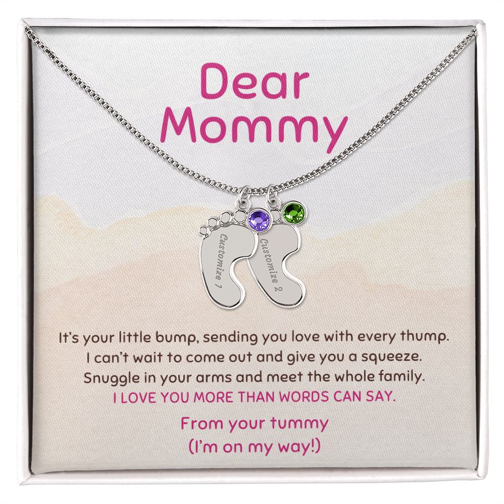New Mom Gift From the Tummy I'm On My Way Custom Baby Feet Necklace with Birthstone